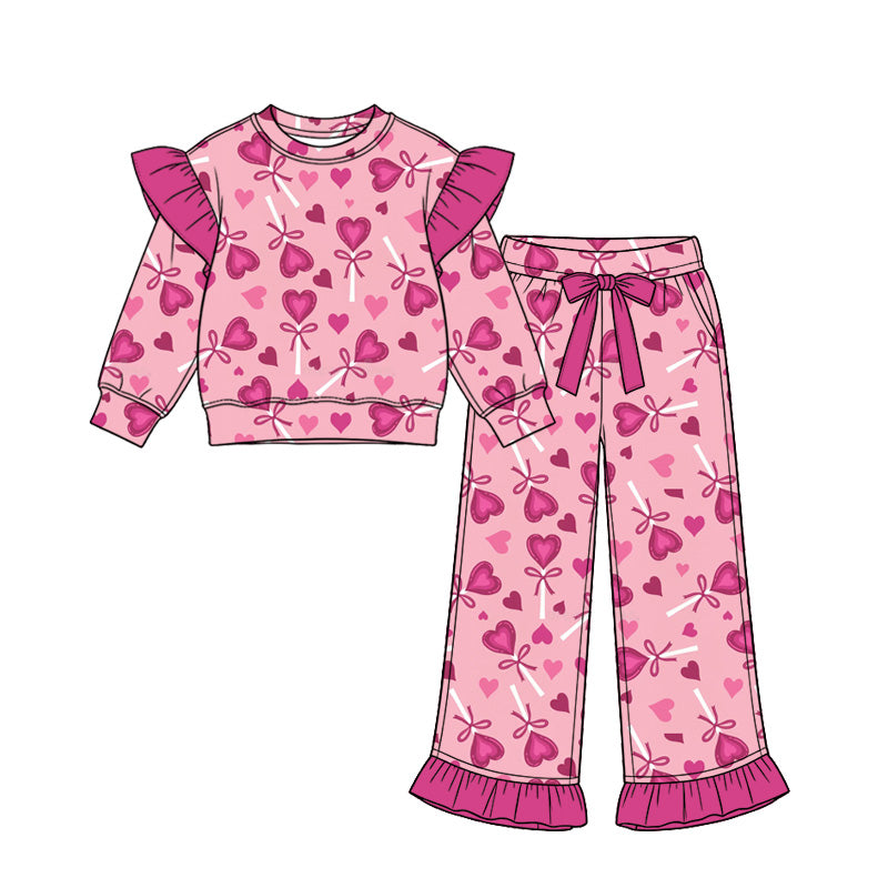 Preorder (moq 5)Baby Girls Pink Bows Hearts Top Pockets Ruffle Pant Valentines Clothes Set