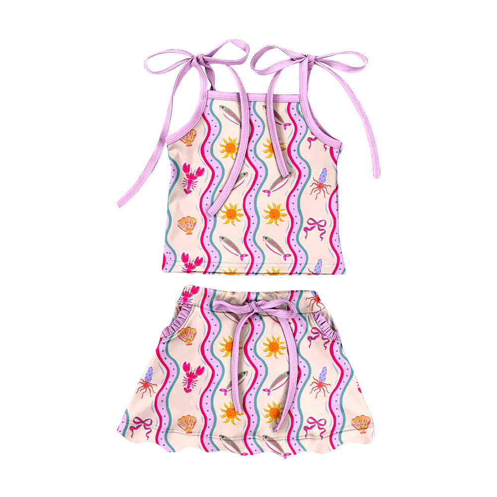 Preorder (moq 5)Baby Girls Crayfishes Fishes Stripe Top Pockets Scallop Skirt Shorts Swimsuits Clothes Set