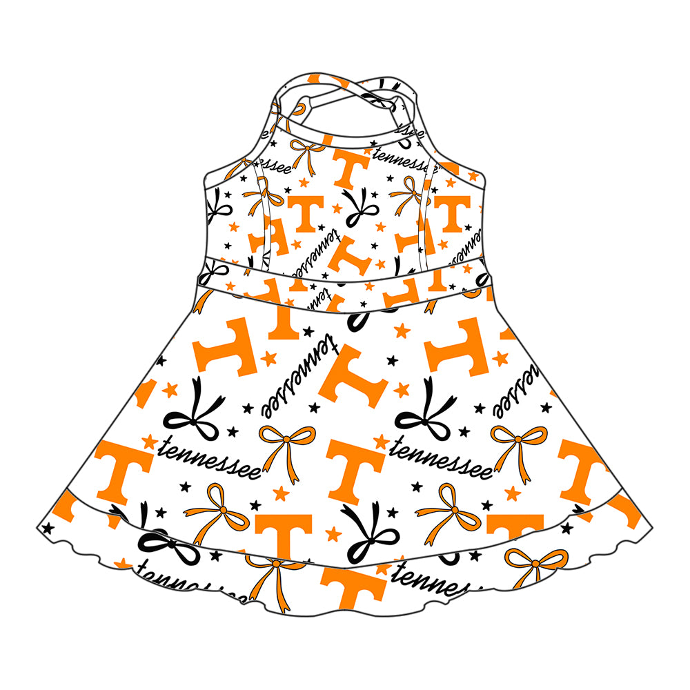 Preorder (moq 5)Baby Girls Strap Orange T Bows Stars Shorts Team Knee Length Dresses