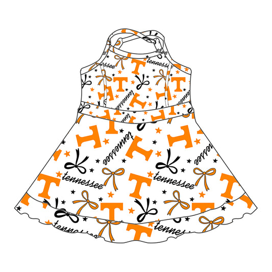 Preorder (moq 5)Baby Girls Strap Orange T Bows Stars Shorts Team Knee Length Dresses