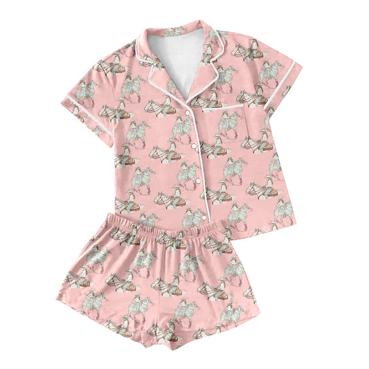 Preorder(moq 5)Adult Women Pink Horse Rodeo Buttons Pocket Tee Shirts Shorts Pajamas Sets