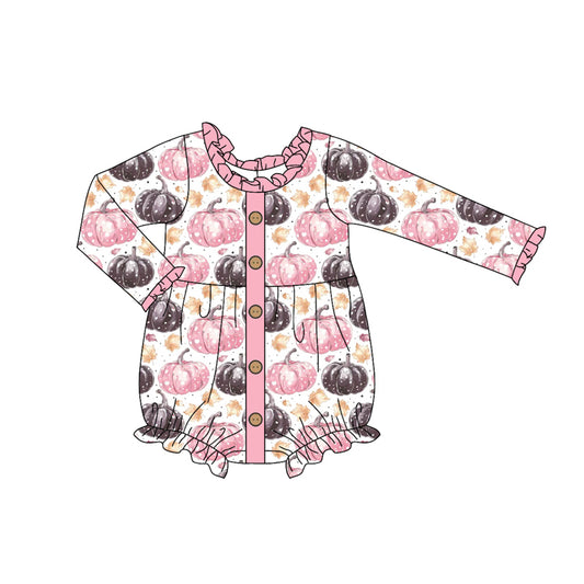 Preorder (moq 5)Baby Girls Pink Long Sleeves Pumpkins Leaves Button Ruffle Rompers
