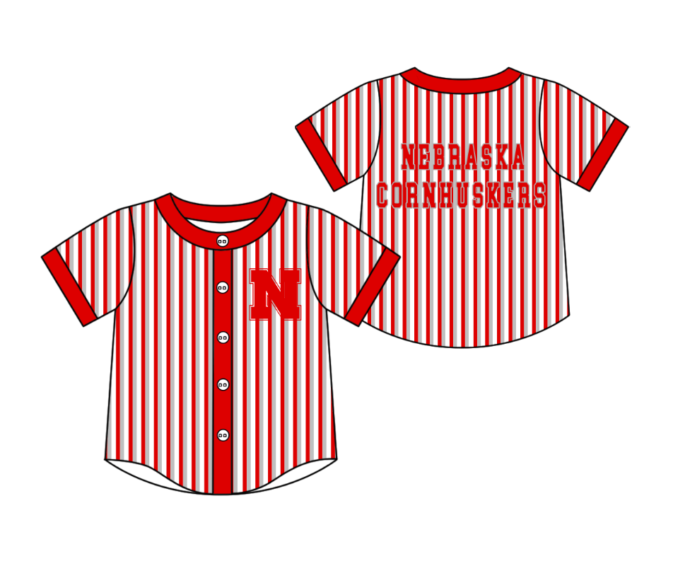 Preorder moq 5 Baby Boys Short Sleeve Nebraska Cornhuskers Team Button Stripe Shirts Top