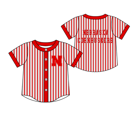 Preorder moq 5 Baby Boys Short Sleeve Nebraska Cornhuskers Team Button Stripe Shirts Top