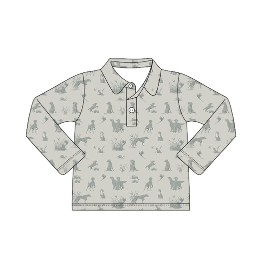 Preorder (moq 5)Baby Boys Long Sleeve Dogs Ducks Button Hunting Polo Shirts Top