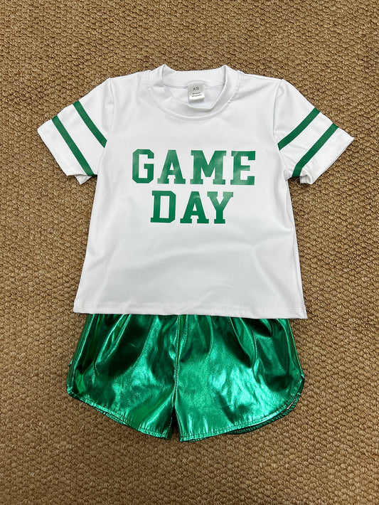 Baby Girls Vinyl Green Game Day Top Leather Shorts Team Active Set