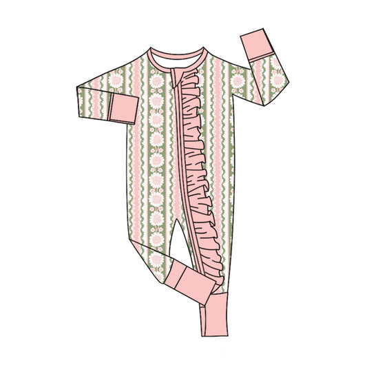 Preorder (moq 5)Baby Girls Colorful Flowers Stripe Two Way Ruffle Zip Convertible Rompers