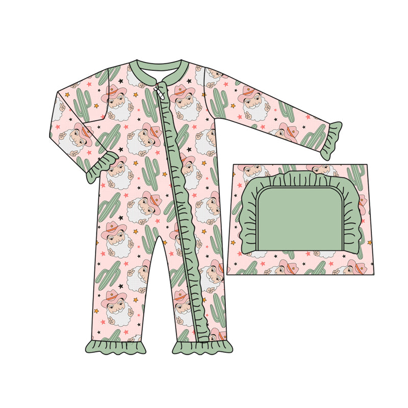 Preorder moq 5 Baby Girls Long Sleeves Santa Cactus Plaid Ruffle Zipper Pant Rompers