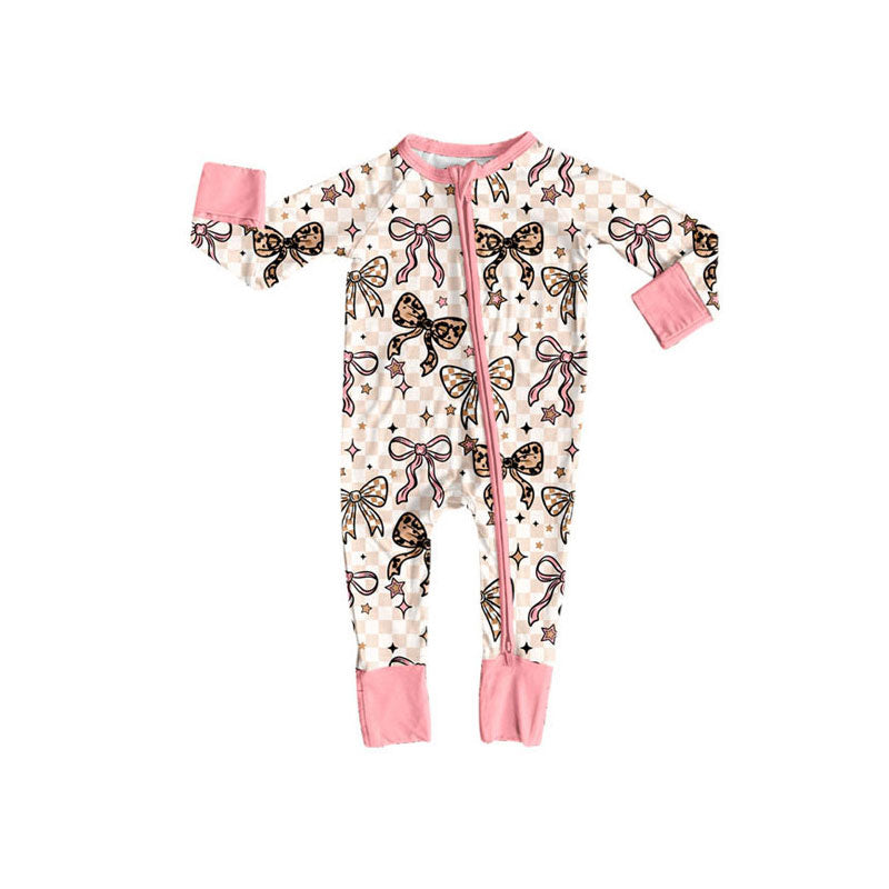 Preorder (moq 5)Baby Girls Bows Stars Checked Zipper Footie Rompers