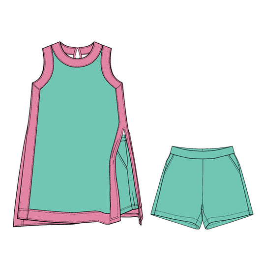 Preorder (moq 5)Adult Women Pink Aqua Split Skirt Pockets Short Clothes Sets