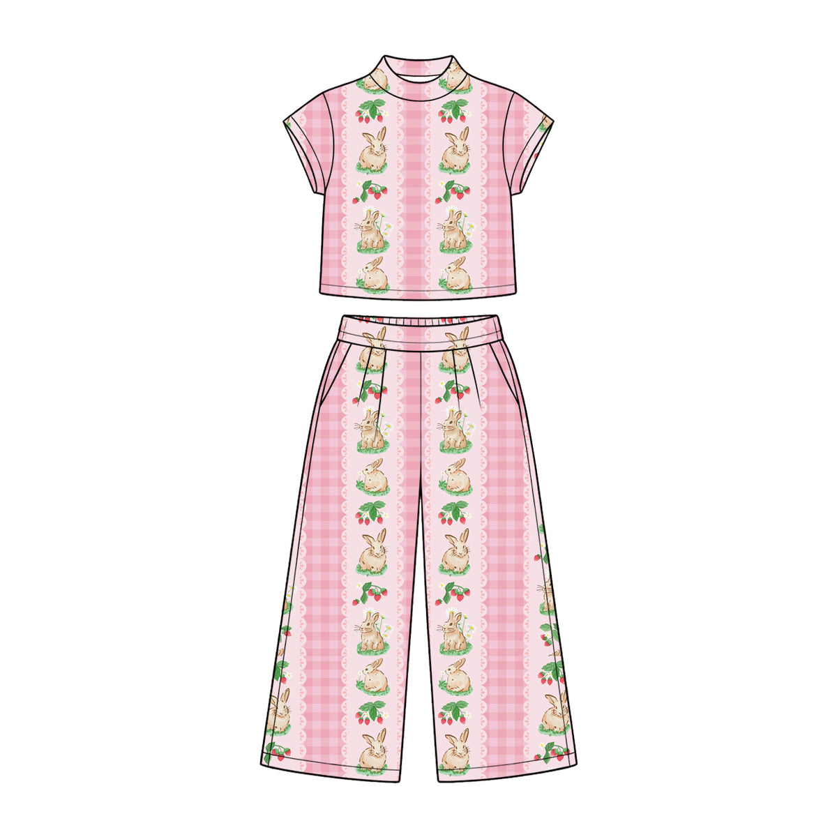 Preorder (moq 5) Baby Girl Clothes Vertical Strawberry Bunny Pink Plaid Print Short Sleeve Wide Leg Pant Set
