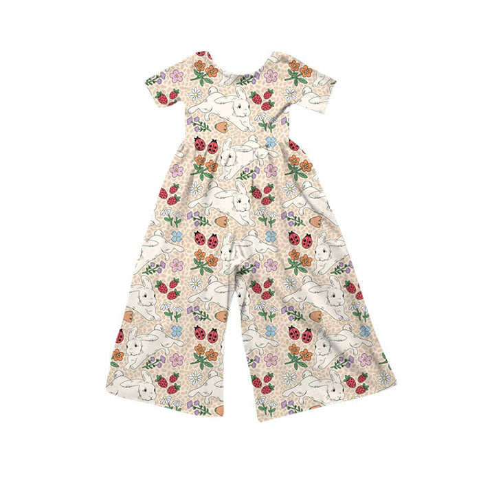 Preorder(moq 8)Baby Girls Short Sleeve Flowers Rabbits Easter Pant Jumpsuits