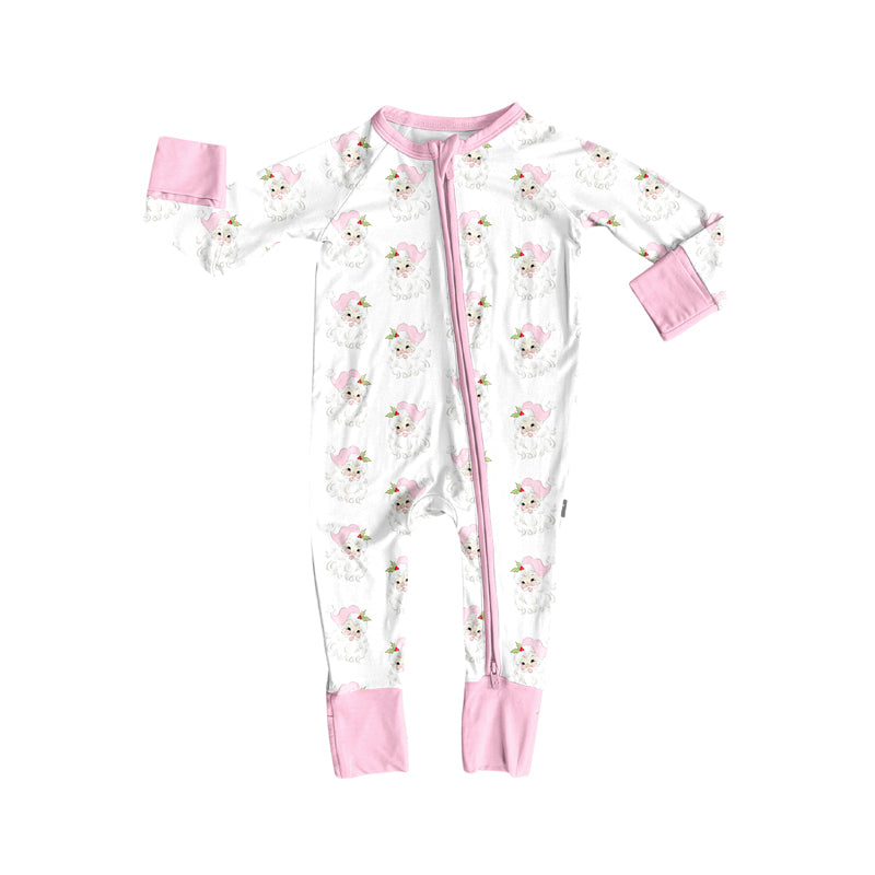 Preorder (moq 5)Baby Girls Long Sleeves Pink Santa Holly Plaid Zipper Romper