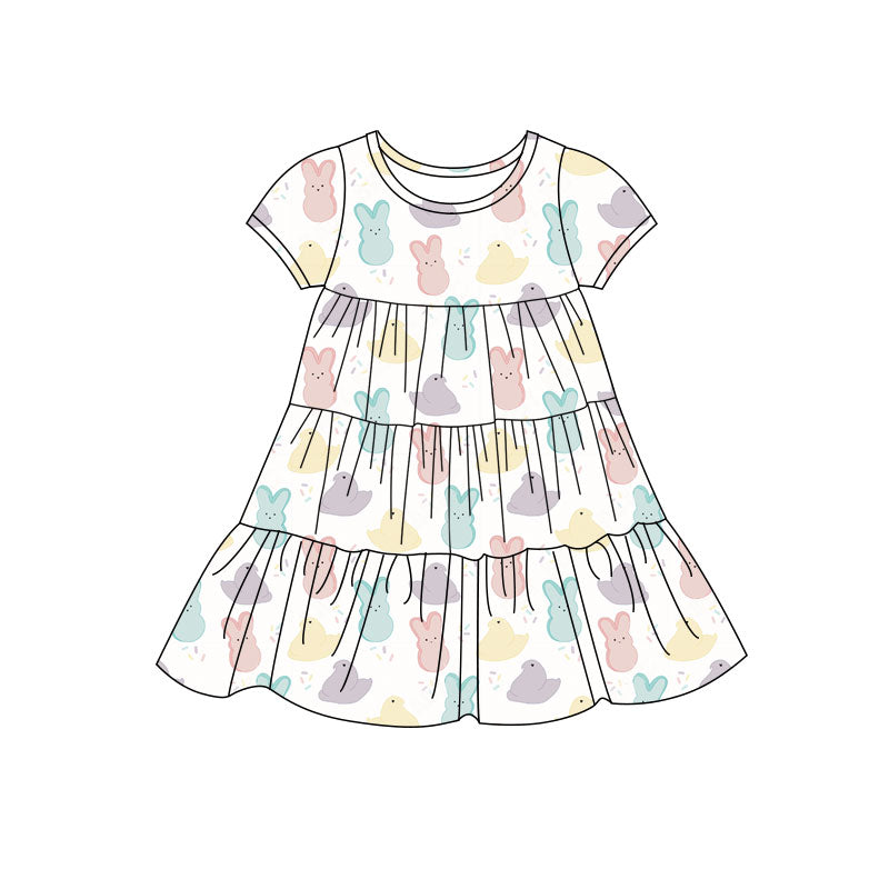 Preorder(moq 5) Baby Girls Colorful Rabbits Chicks Easter Patchwork Ruffle Knee Length Dresses