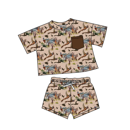 Preorder(moq 5) Baby Boys Ducks Plaid Pockets Top Shorts Clothes Sets