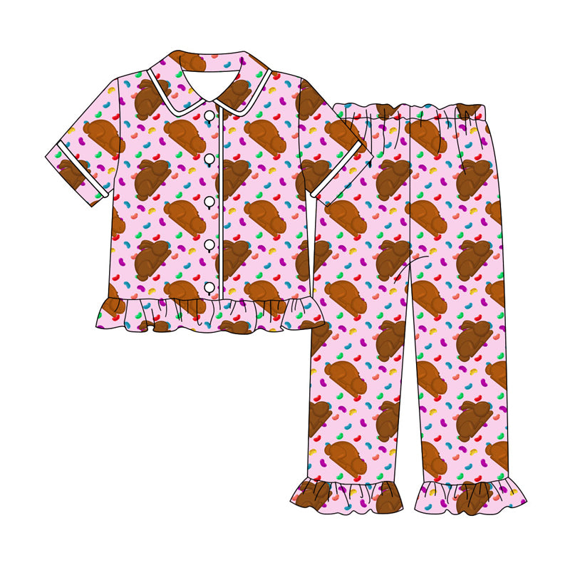 Preorder moq 5 Adult Women Colorful Candy Rabbits Button Top Ruffle Pants Easter Pajamas Sets