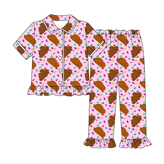 Preorder moq 5 Adult Women Colorful Candy Rabbits Button Top Ruffle Pants Easter Pajamas Sets