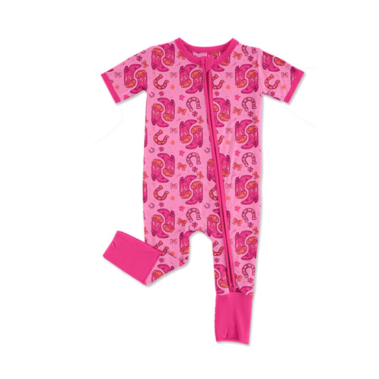 Preorder (moq 5)Baby Girls Bow Boots Western Two Way Zip Convertible Rompers