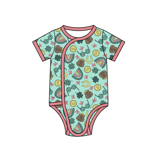 Preorder (moq 5) Baby Girl Clothes St Patricks Lucky Coin Rainbow Horseshoe Mixed Print Short Sleeve Side Snap Romper