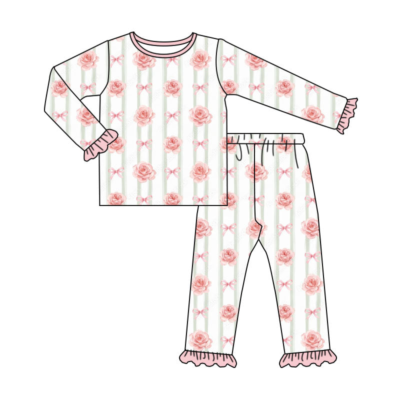 Preorder (moq 5) Baby Girl Clothes Rose Bow Stripe Print Ruffle Cuff Long Sleeve Pajama Set