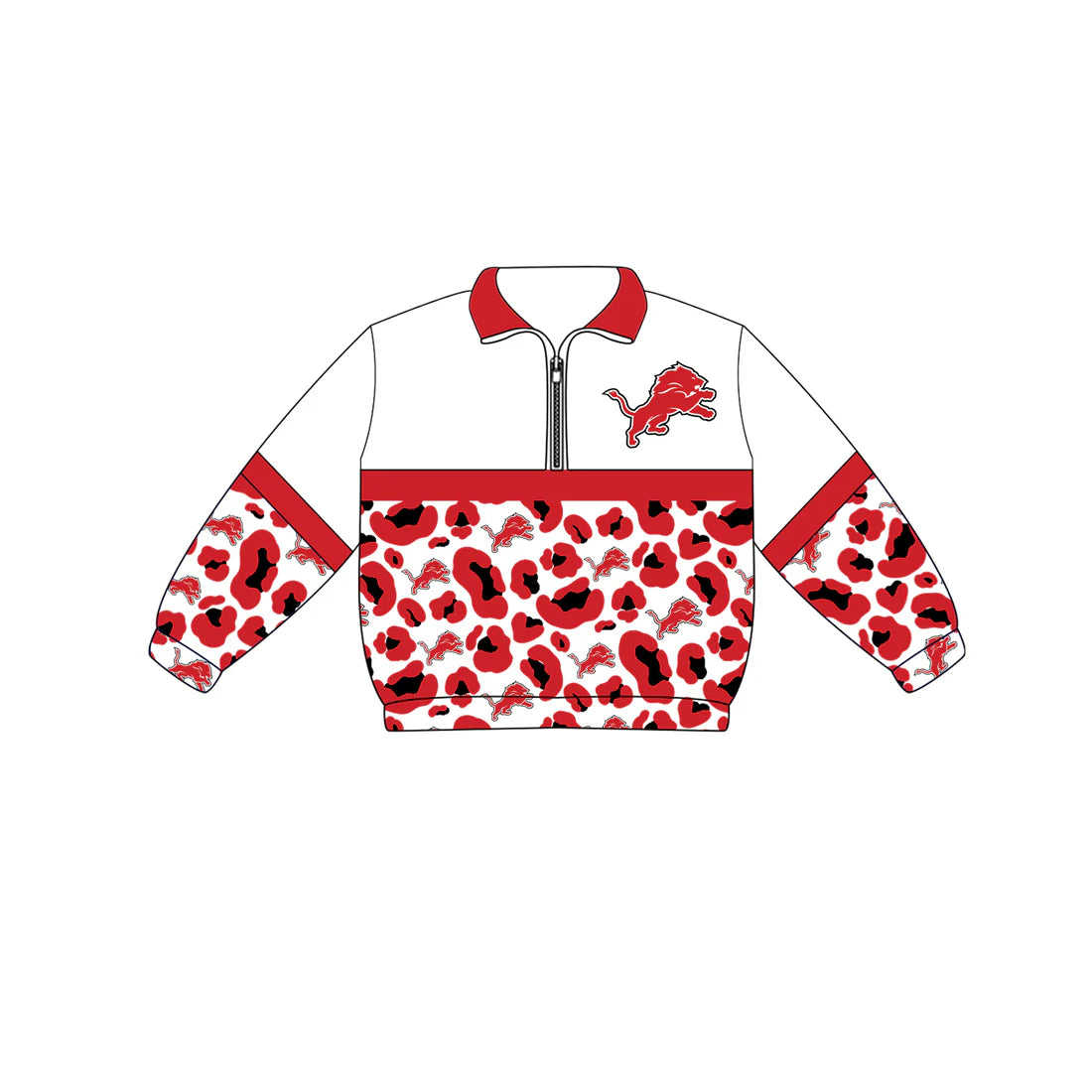 Preorder (moq 5)Baby Boys Long Sleeve Red Leopard Detroit Lions Team Zip Pullovers Top