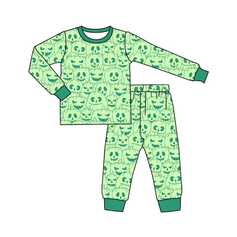 preorder(MOQ 5)Baby Boys Green Long Sleeves Pumpkins Plaid Top Pants Pajamas Set