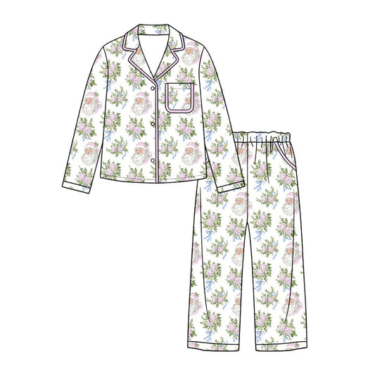 Preorder (moq 5) Adult Women Flowers Santa Bows Button Pocket Top Pant Christmas Pajamas Sets