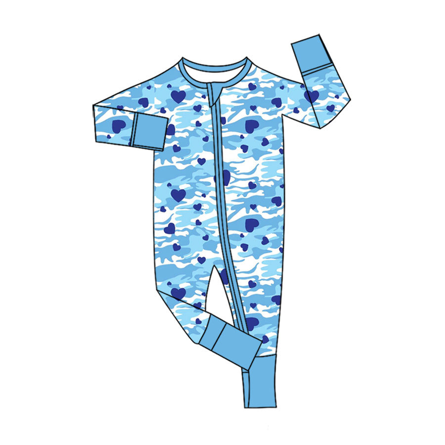 Preorder (moq 5) Baby Boys Blue Camo Hearts Valentines Two Way Zip Convertible Rompers