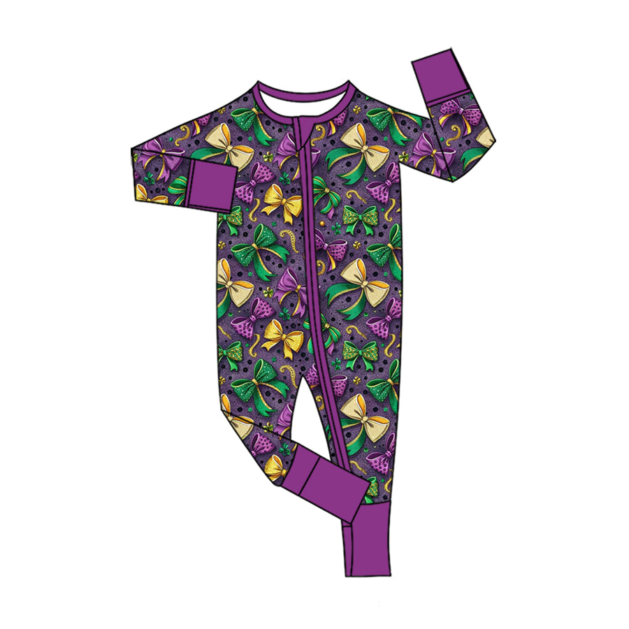 Preorder (moq 5) Baby Girl Clothes Mardi Gras Bow Print Long Sleeve Zipper Romper
