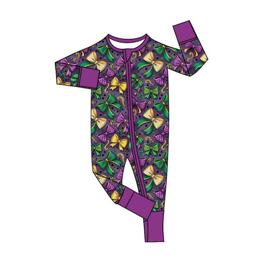 Preorder (moq 5) Baby Girl Clothes Mardi Gras Bow Print Long Sleeve Zipper Romper