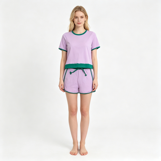 Adult Women Pink Short Sleeve Top Skirt Shorts Cotton Clothes Set