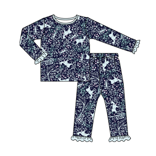 Preorder(moq 5) Baby Girls Blue Floral Deer Button Top Pants Pajamas Clothes Set