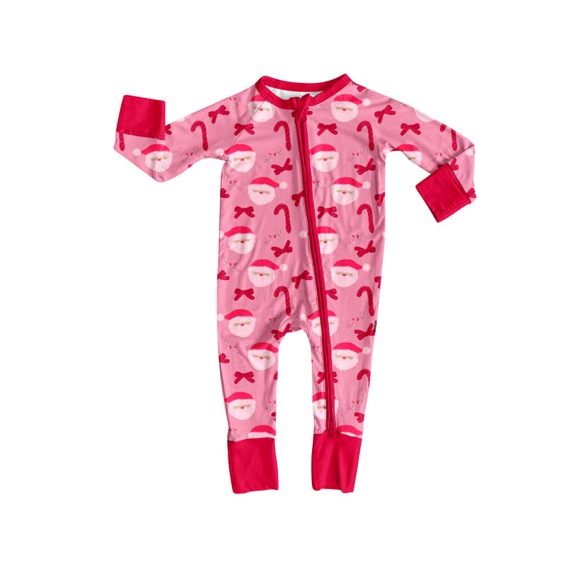 Preorder (moq 5)Baby Girls Hot Pink Long Sleeves Candy Cane Santa Zipper Rompers