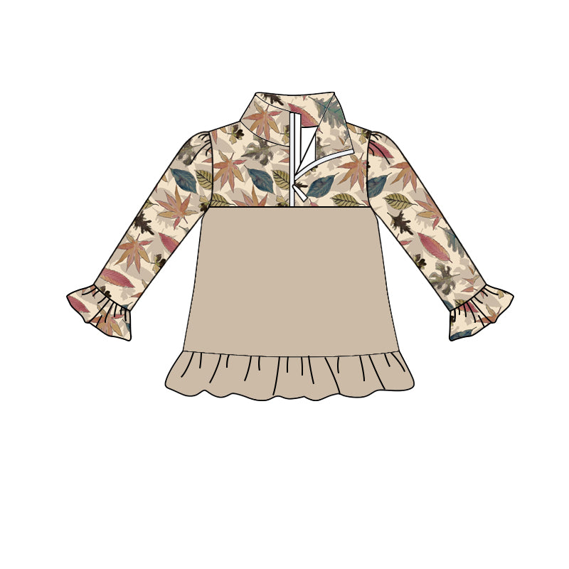Preorder (moq 5)Baby Girls Colorful Leaves Long Ruffle Sleeve Zip Pullovers Top