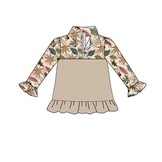 Preorder (moq 5)Baby Girls Colorful Leaves Long Ruffle Sleeve Zip Pullovers Top