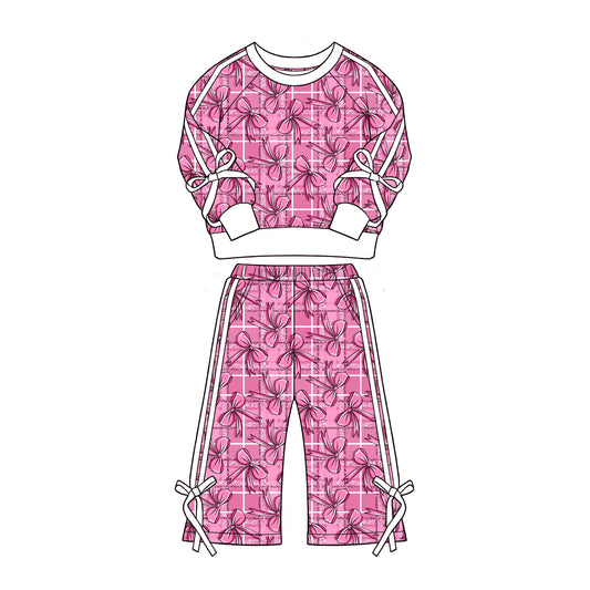 Preorder (moq 5)Baby Girls Pink Bows Checked Top Flare Pockets Pant Clothes Sets