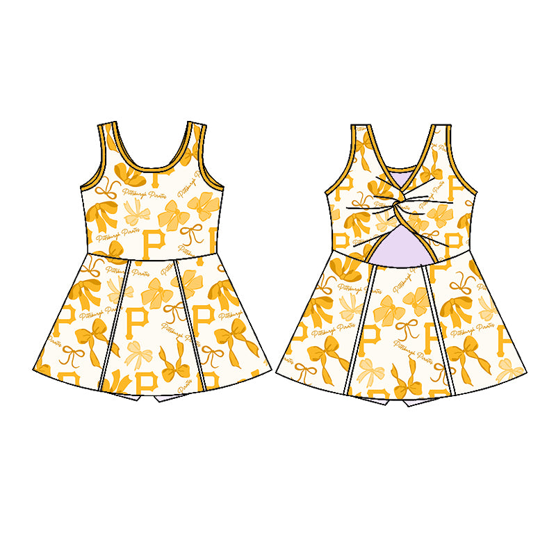 Preorder (moq 5)Baby Girls Yellow Sleeveless Bows Plaid P Short Team Knee Length Dresses