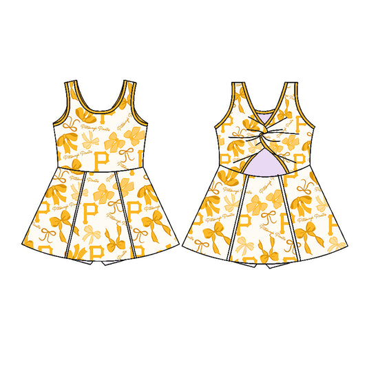 Preorder (moq 5)Baby Girls Yellow Sleeveless Bows Plaid P Short Team Knee Length Dresses