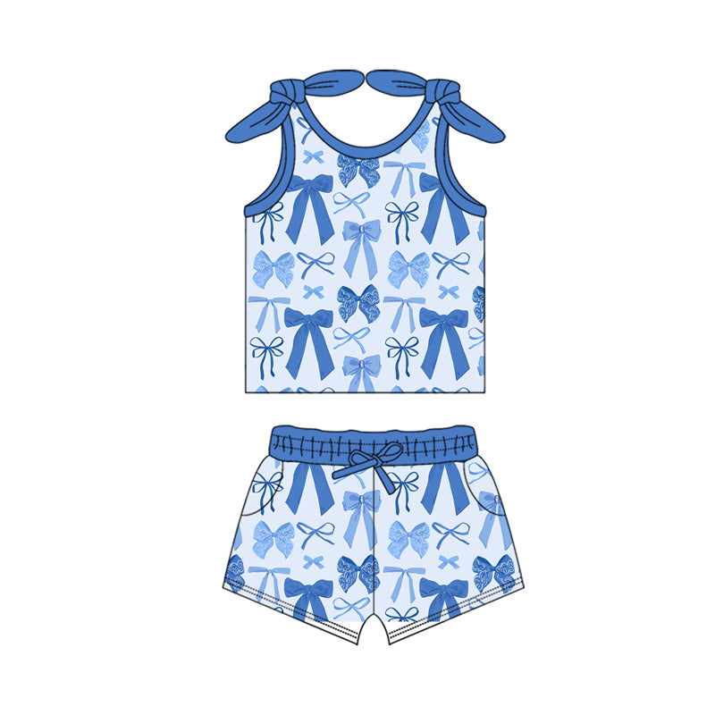 Preorder (moq 5)Baby Girls Blue Bows Sleeveless Bows Vest Top Pockets Short Set