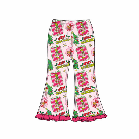 Preorder (moq 5)Baby Girls Green Frogs Trees Merry Christmas Flare Pants Bottom