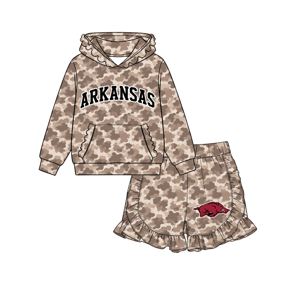 Preorder (moq 5) Baby Girl Clothes Arkansas Razorback Logo Camo Print Long Sleeve Ruffle Hoodie & Ruffle Short Set