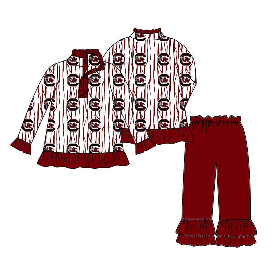 Preorder(moq 5) Baby Girls C Red Bulls Stripe Button Pullovers Ruffle Pants Team Clothes Sets
