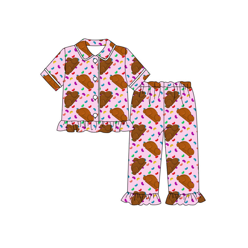 Preorder (moq 5)Baby Girls Colorful Candy Rabbits Button Top Ruffle Pants Easter Pajamas Sets