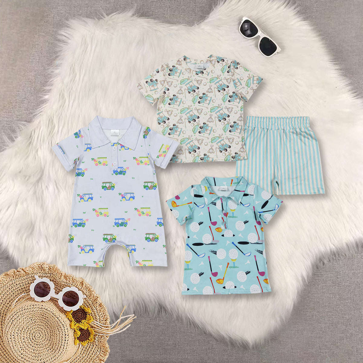 Sibling Baby Girls Short Sleeves Golf Top Blue Stripes Shorts Sets Tee Shirts Rompers