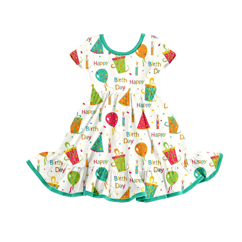 Preorder(moq 8)Baby Girls Happy Birthday Short Sleeve Ruffle Knee Length Dresses