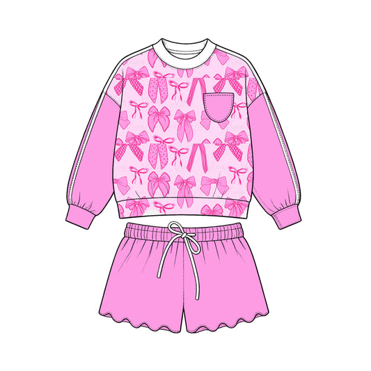 Preorder (moq 5) Girls’ All-Over Bow Print Cropped Sweatshirt & Wavy Ruffle Shorts 2-Piece Sweet Rose Pink Set