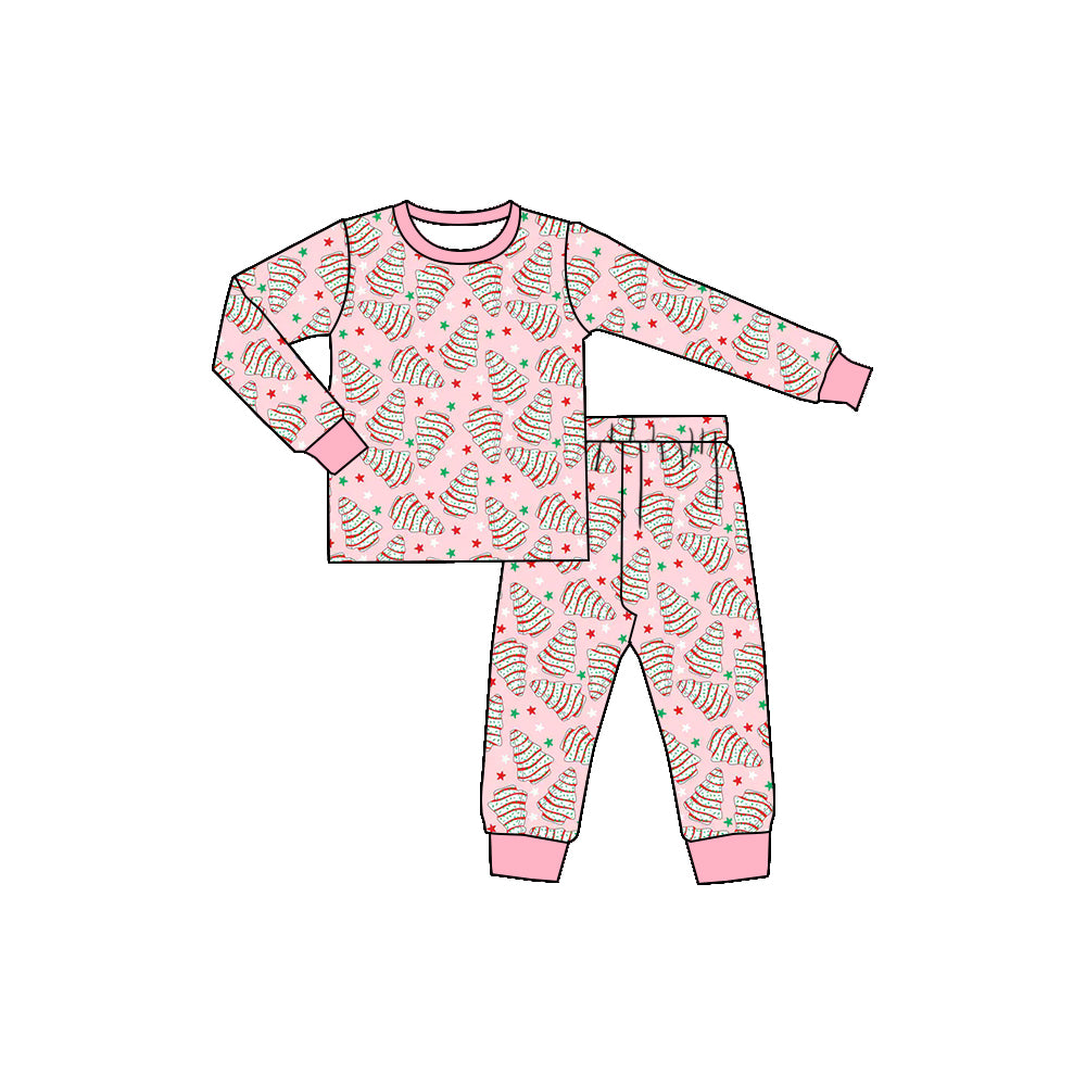 Preorder (moq 5)Baby Girls Christmas Pink Trees Cakes Shirts Pants Pajamas Sets