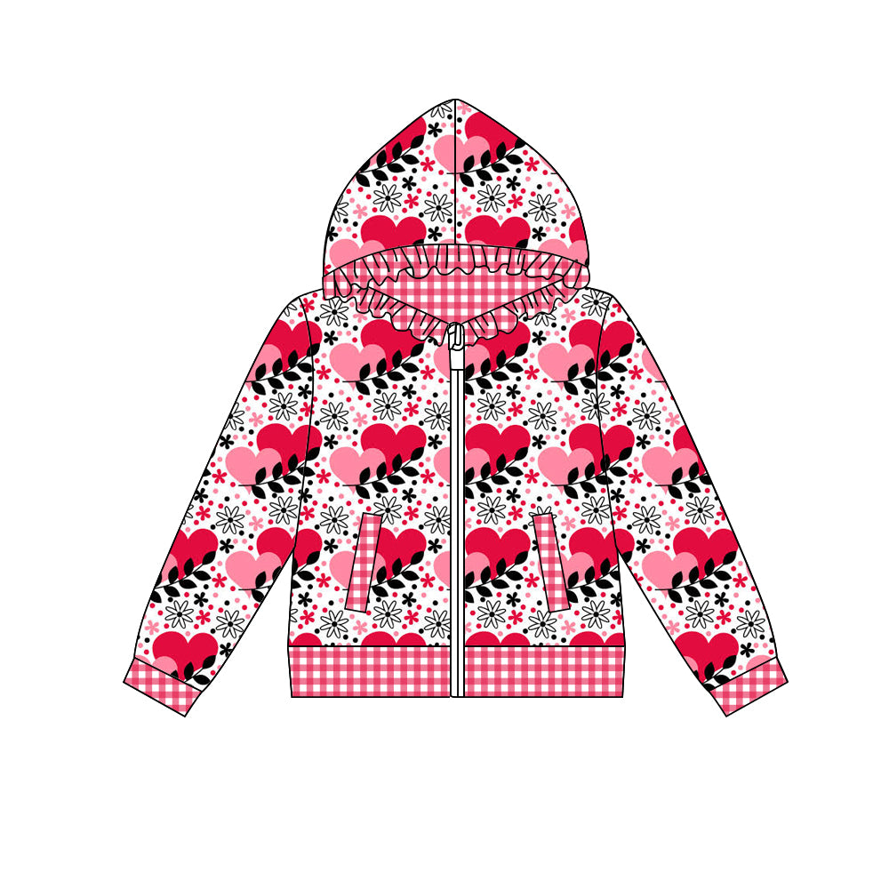 Preorder (moq 5) Baby Girl Clothes Red Heart Floral Gingham Mixed Print Long Sleeve Ruffle Zip Hoodie Jacket