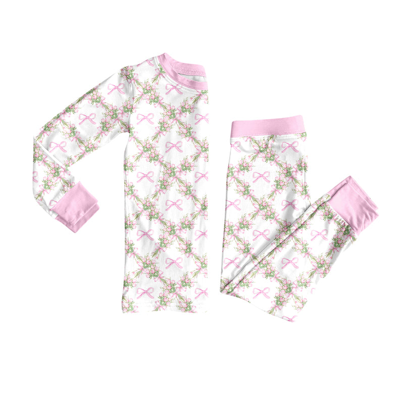 Preorder(moq 5) Baby Girls Long Sleeves Pink Bows Flowers Plaid Top Pants Pajamas Set