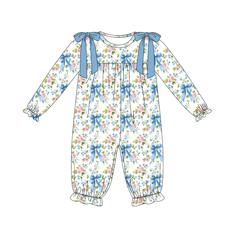 Preorder (moq 5)Baby Girls Long Sleeves Blue Bows Floral Ruffle Pant Romper